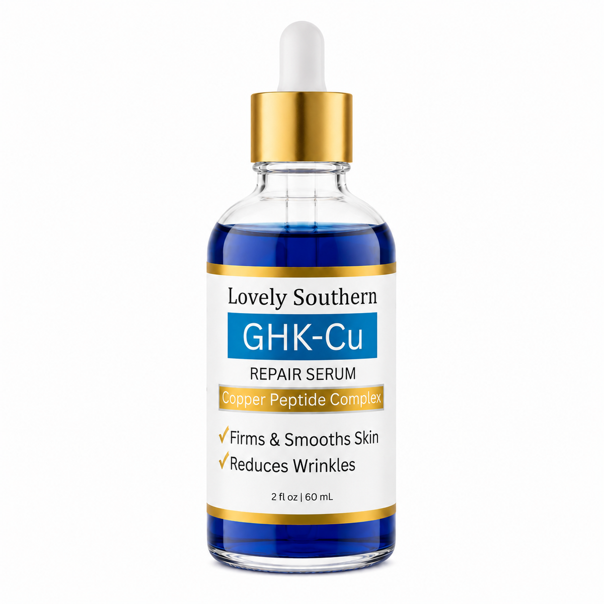 A 2 fl oz glass dropper bottle of Lovely Southern GHK-Cu Repair Serum with a white label, blue liquid, and a gold collar with a white dropper cap, set against a plain white background.