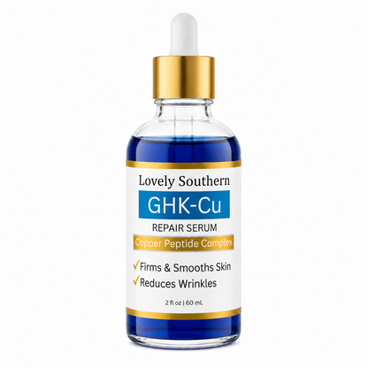 A 2 fl oz glass dropper bottle of Lovely Southern GHK-Cu Repair Serum with a white label, blue liquid, and a gold collar with a white dropper cap, set against a plain white background.