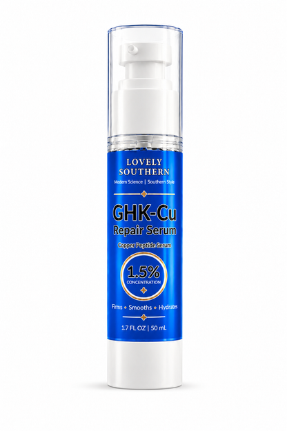 A 1.7 fl oz pump bottle of Lovely Southern GHK-Cu Repair Serum, featuring a vibrant blue label with white and gold text, a clear cap, and a white base on a white background.