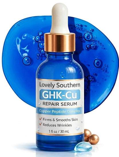 Lovely Southern GHK-Cu repair serum bottle with dropper on a blue background